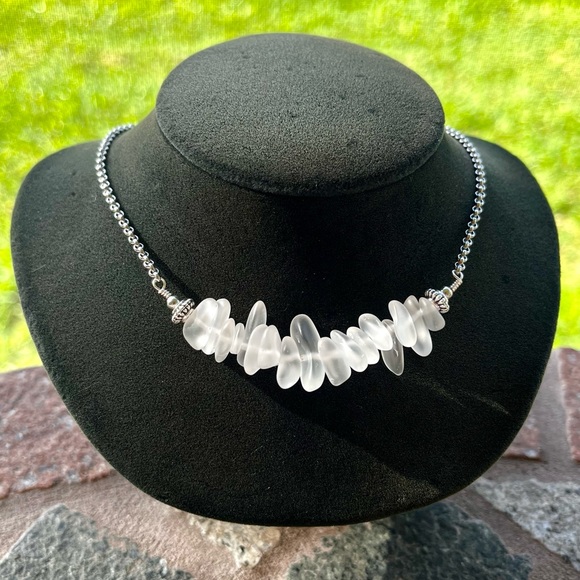 Frosted clear crystal quartz gemstones chips bar choker necklace boho stones - Picture 8 of 12